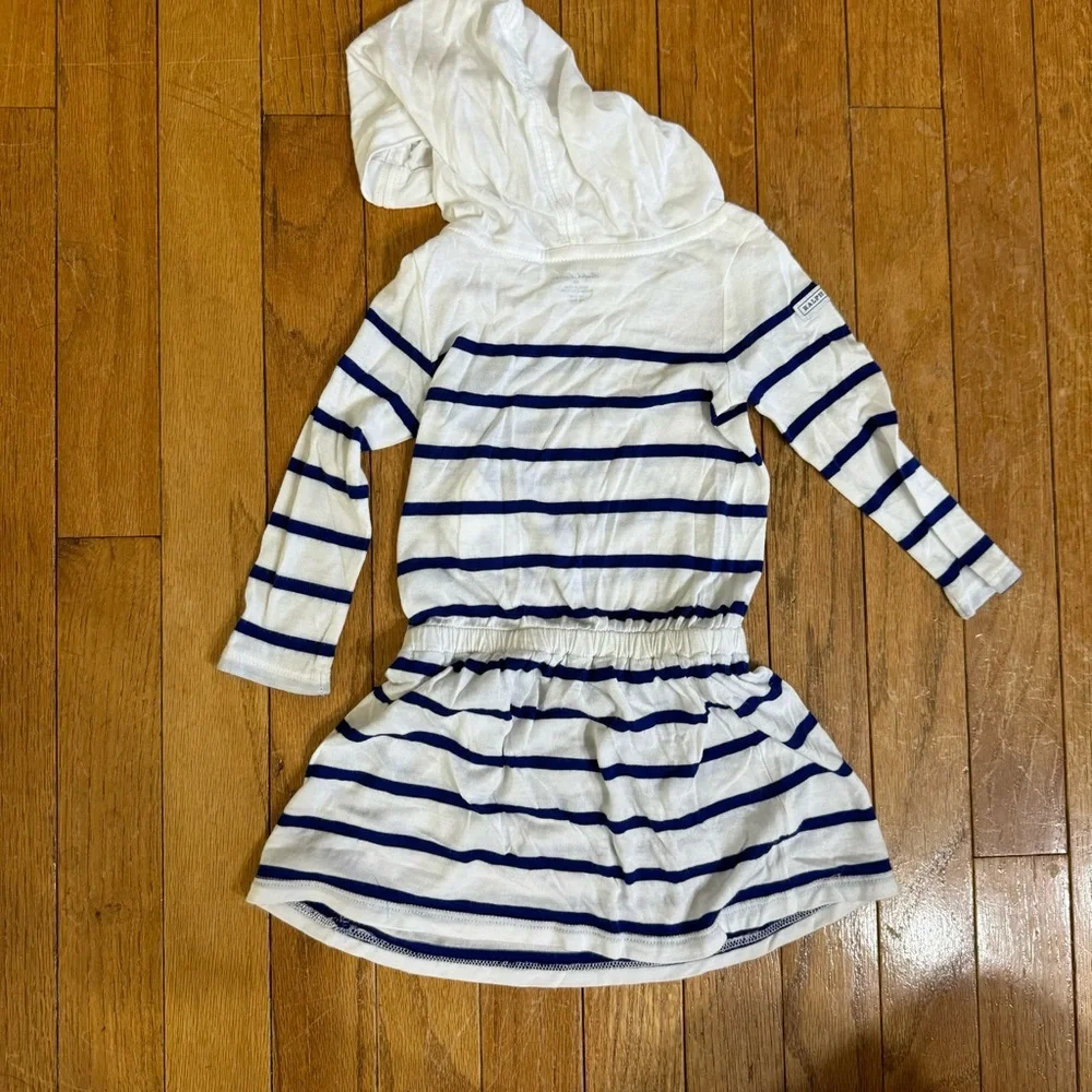 Ralph Lauren Baby Girls White Blue Striped Hooded Long Sleeve Modal‎ Dress 9M